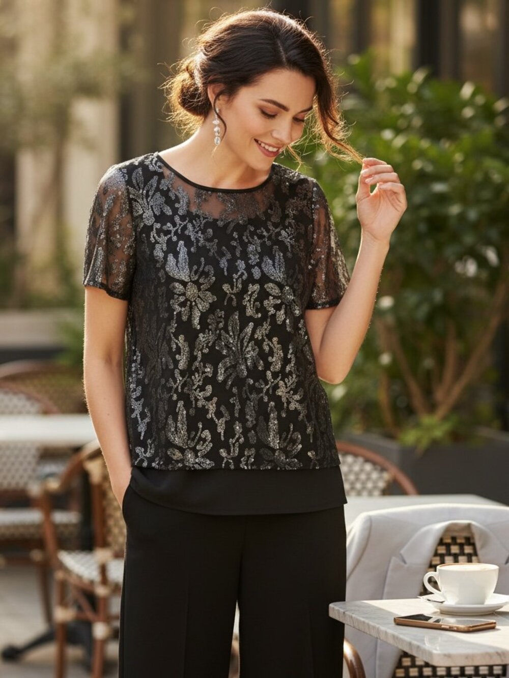 NWT Joseph A. Black Sequin Sheer Mesh Overlay Top Blouse XL Hand Beaded